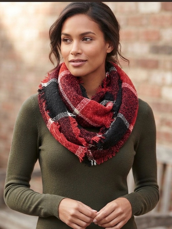 Charter Club Accessories - CHARTER CLUB Womens Red Chenille Fringed Scarf. Plaid Red and Black